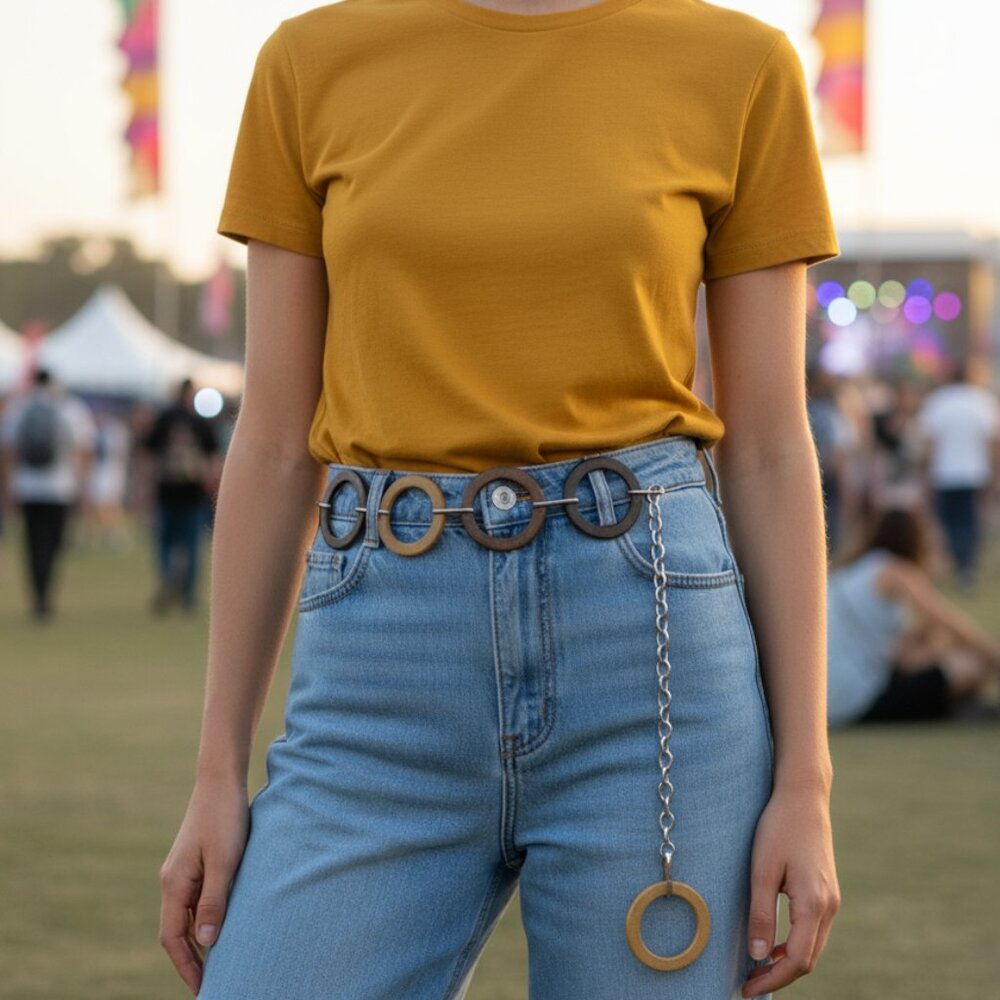 Vintage Wooden Circle Link Belt | Boho 70s Adjustable Chain Belt